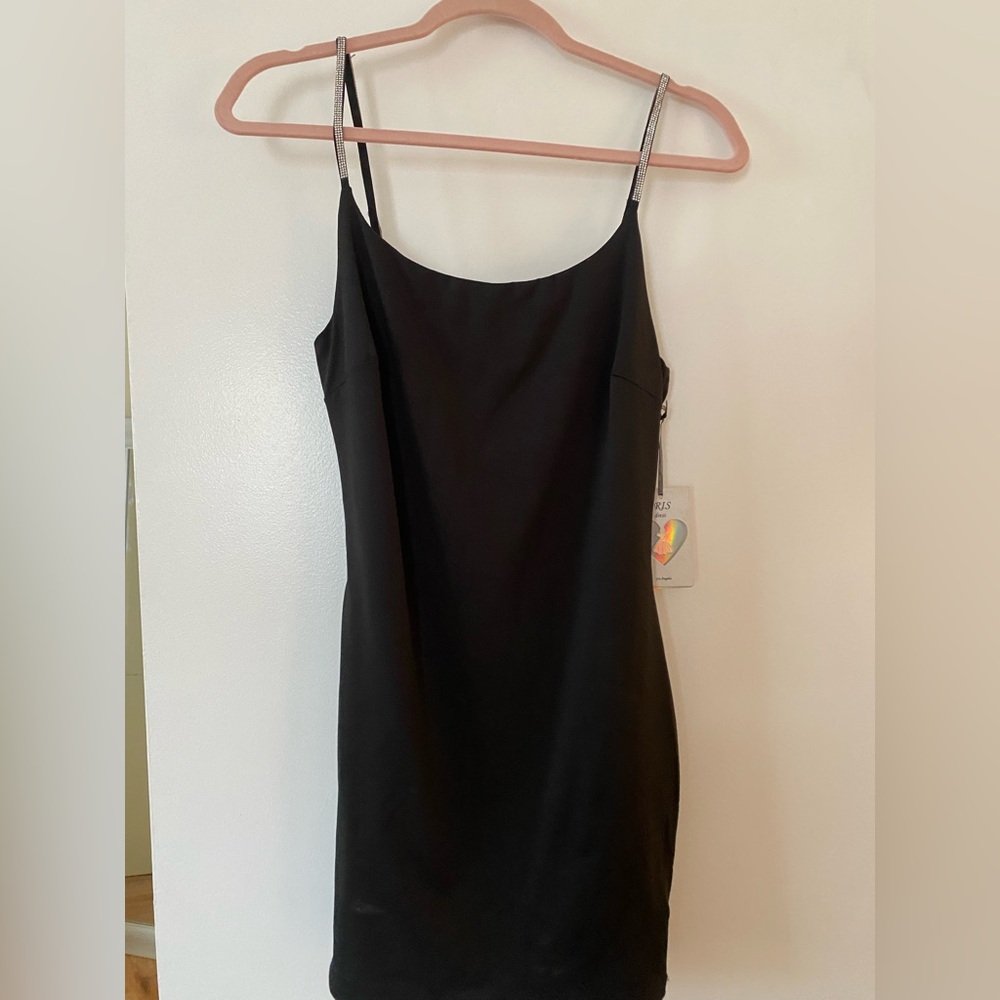 IRIS Black Stretch Mini Dress with Crystal Embellished Straps NWT SZ MEDIUM